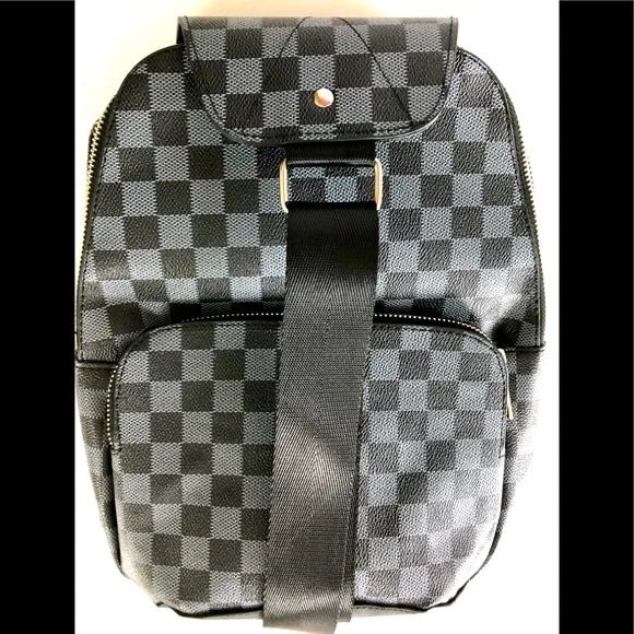 sling style backpack bag classic black and denim blue check pattern 2 Pockets sling style backpack bag classic black and denim blue check  main image 3